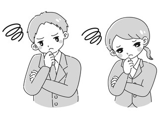 腕を組んで悩むスーツを着た男性と女性のイラストセット