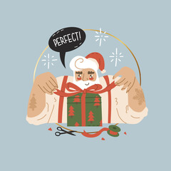 Santa ties a ribbon bow on a box with a Christmas present. Phrase Perfect. Happy New Year, Merry Christmas. Daily routine of Santa Claus before Christmas. Flat style in vector illustration.