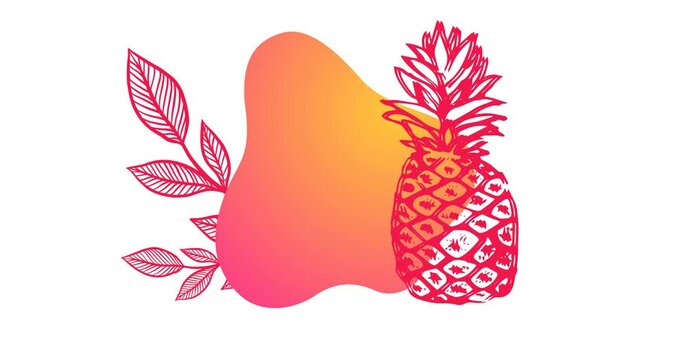 Animation of pink leaves and pineapple with pink to orange shape on white background