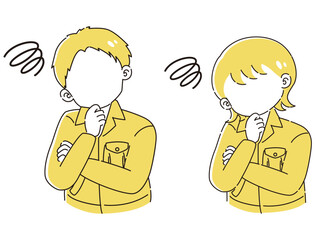 困っている作業服を着た男性と女性のイラストセット