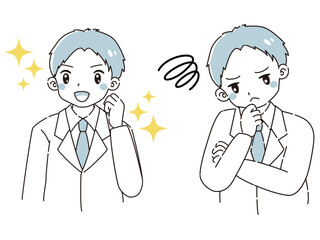 ときめきの表情と困っている表情の白衣を着た男性　イラストセット