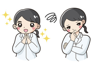 ときめきの表情と困っている表情の白衣を着た女性　イラストセット