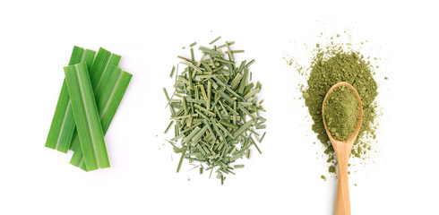 Fresh lemongrass leaf with dry lemongrass slice and lemon grass powder in wooden spoon isolated on white  background , top view , flat lay.