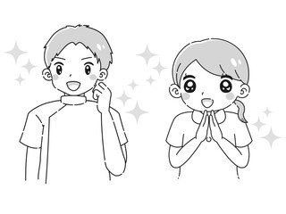 ときめく白衣を着た男性と女性のイラスト