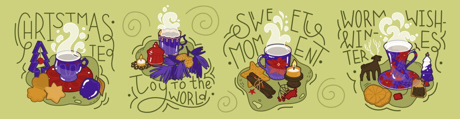 Decorative compositions with a cup of tea and Christmas decorations. Four Festive table settings. Congratulatory quotes. Festive decor and lettering. Flat style in vector illustration.