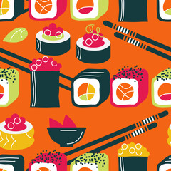 sushi and rolls make a seamless pattern on an orange background