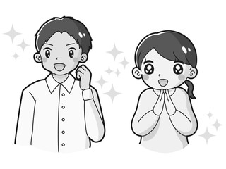 ガッツポーズをする男性とときめく女性のイラストセット