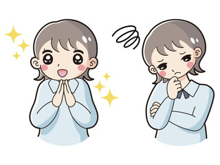 ときめきの表情と困っている表情のシャツを着た女性　イラストセット