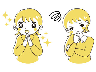 ときめきの表情と困っている表情のシャツを着た女性　イラストセット