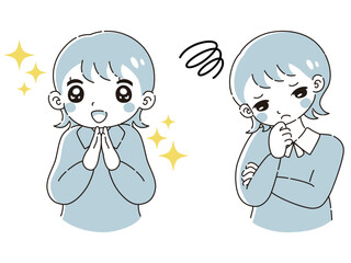 ときめきの表情と困っている表情のシャツを着た女性　イラストセット