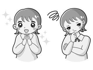 ときめきの表情と困っている表情のシャツを着た女性　イラストセット