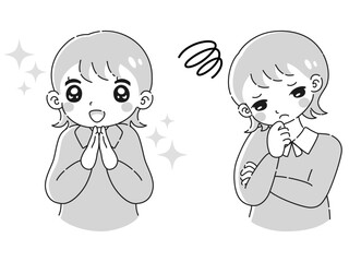 ときめきの表情と困っている表情のシャツを着た女性　イラストセット
