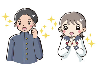 ガッツポーズをする学ランを着た男の子とときめくセーラー服の女の子　イラストセット