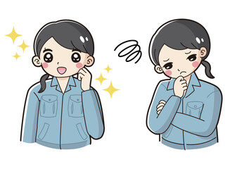 ときめきの表情と困っている表情の作業服を着た女性　イラストセット