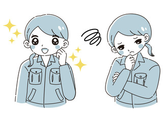 ときめきの表情と困っている表情の作業服を着た女性　イラストセット