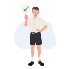 Asian student in school uniform. Thai student boy is holding correct sign. check mark. true. vector illustration