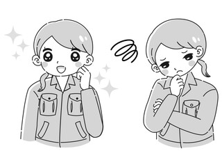 ときめきの表情と困っている表情の作業服を着た女性　イラストセット