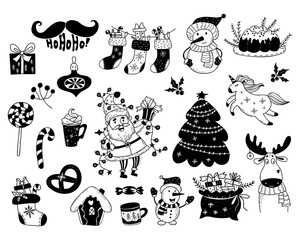 New Year and Christmas doodles. Cute Santa Claus, snowman, deer, unicorn, gingerbread and Christmas stockings and gifts, lollipop and christmas cake. Vector collection isolated hand drawings