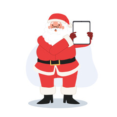 Happy Santa claus is showing blank tablet screen. Merry christmas. Vector illustration.