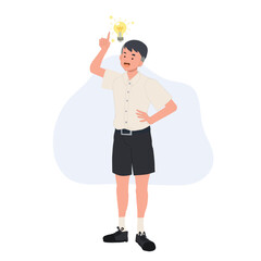 thinking concept, idea innovation, cute Thai student boy with lightblup. vector illustration