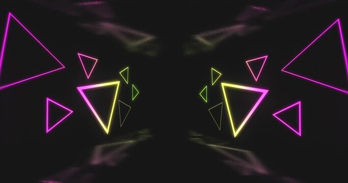 Animation of pink and yellow neon light triangles flickering on black background