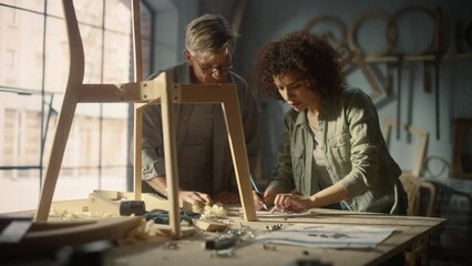 Portrait of Two Carpenters Working Together in a Woodwork Workshop. Multicultural Man and Female Colleagues Looking at a Blueprint on Paper and Discussing a New Chair Design.
