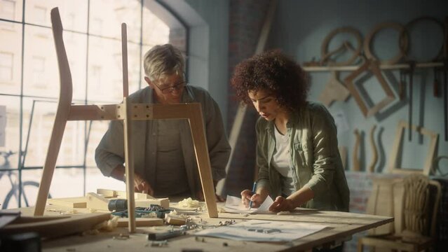 Portrait of Two Small Business Owners Working Together on Creating a New Wooden Dining Table Chair Design. Adult Man and Young Beautiful Female Looking at a Blueprint and Discussing the Work Process.