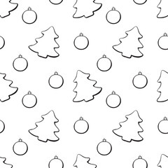 Vector seamless pattern of outline festive symbols: figures of Christmas trees and xmas balls. Backgrounds and textures in doodle style.