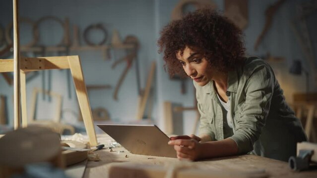 Portrait of a Multiethnic Arab Carpenter Talking on Video Call on Laptop Computer. Black Creative Female Collaborating on an Online Project with Talented Team. Young Woman Working in a Loft Workshop.