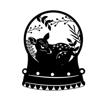 Christmas Snow Globe Laser Cut Template. Glass Ball With Forest Twigs And Deer. Home Decor For Christmas. Black And White Silhouette. Paper Cutout. Die Cut Vector.