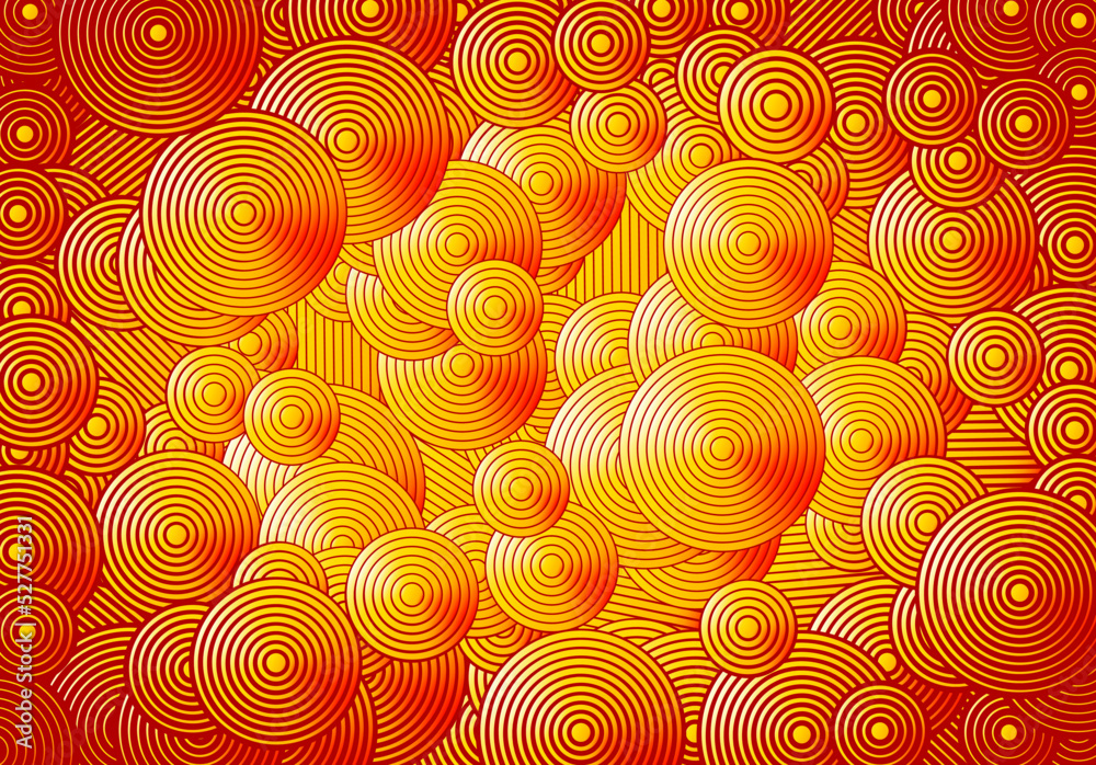 Poster Abstract psychedelic background with circles and lines of various widths in retro optical illusion style.