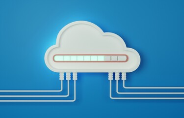 White cloud with uploading progress bar and cable lines, cloud data storage technology concept, 3d render illustration.