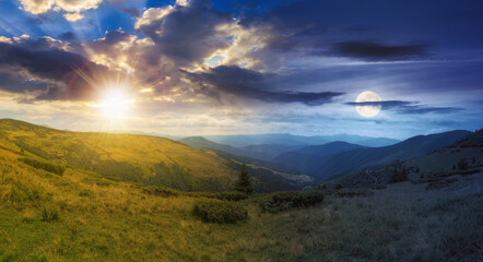 Naklejka na ściany i meble panoramic view in to the chornohora ridge valley at twilight. day and night time change concept. stunning landscape of carpathian mountains with sun and moon in summer. travel ukraine