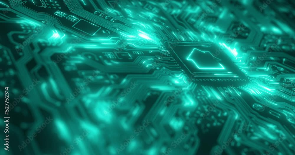 Aufkleber Computer hardware, tech and futuristic technology of a pc with lights, coding and programming. Neon light of online digital inner system of future software, internet IT ai and laptop cyber database