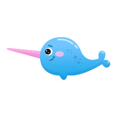 Cute cartoon narwhal vector illustration. Blue unicorn whale isolated on white background © Nina Sako