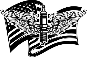 Illustration of winged spark plug on american flag background. Design element for poster, card, banner, sign, emblem. Vector illustration