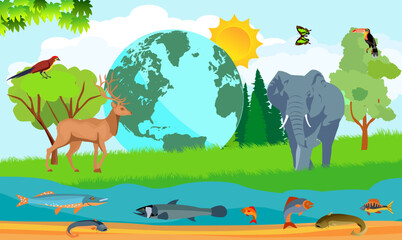 World animals day collage concept elephant globe deer river vector
