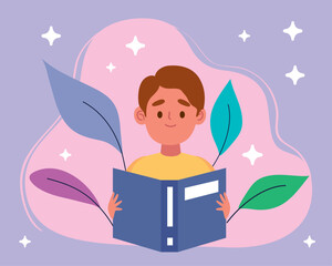 boy reading book with leafs