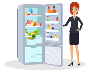 A woman stands near the refrigerator with food.An open refrigerator with food and drinks.Vector illustration.