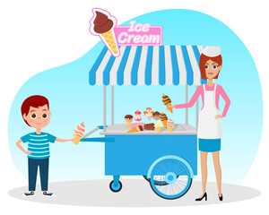An ice cream vendor with an ice cream cart.The boy buys ice cream and is happy.Vector illustration.