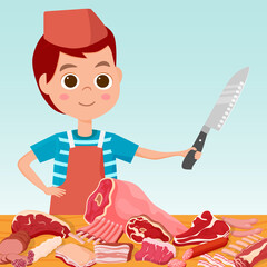 Butcher shop.A shop with a large assortment of meat products.Vector illustration.
