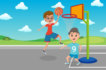 Kids playing basketball.A young athlete throws a ball into a basketball basket.Vector illustration.