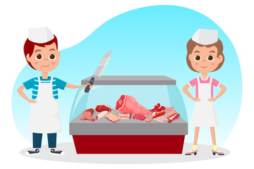Young sellers and meat products.Meat products in the refrigerator .Vector illustration.