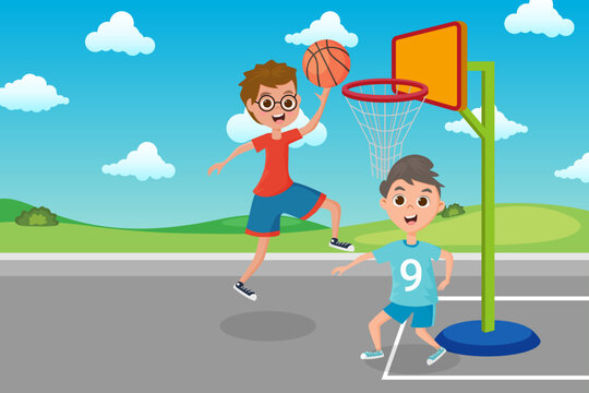 Kids playing basketball.A young athlete throws a ball into a basketball basket.Vector illustration.