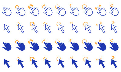 Cursor Computer Pointer Line and Silhouette Icon Set. Internet Website App Press Tap Link Choice Button Interface. Arrow and Hand with Finger Digital Mouse Click. Isolated Vector Illustration