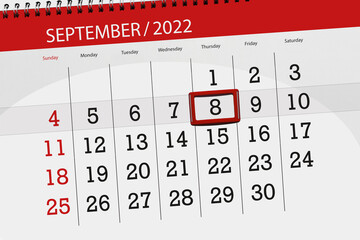 Calendar planner for the month september 2022, deadline day, 8, thursday