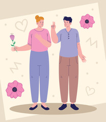 friends couple with pink flowers
