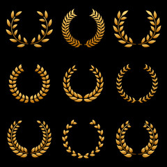 Golden Chaplet Nominate Winner Silhouette Icon Set. Circle Gold Laurel Wreath Success Pictogram. Twig Achievement Tree Branch Leaf Victory Reward Certified. Glory Crest. Isolated Vector Illustration