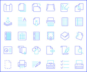 Simple Set of paper Related Vector Line Icons. Contains such Icons as report, document, file, attachment, shredder, stationery, notes, paperclip and more.