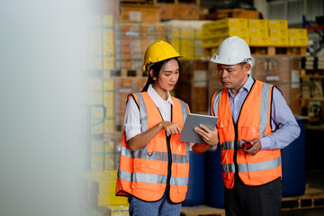 Warehouse manager and female worker with tablet for inspection and inspection of the production process in the factory.	
